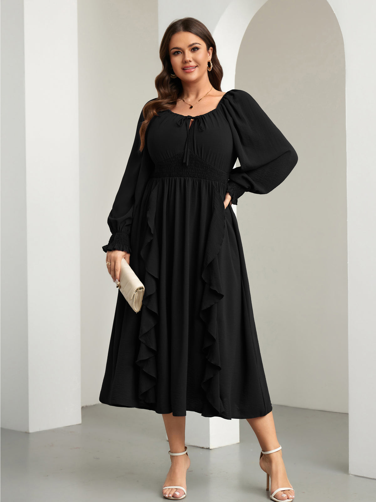 RWJ 6908 Black long-sleeve A-line maxi dress