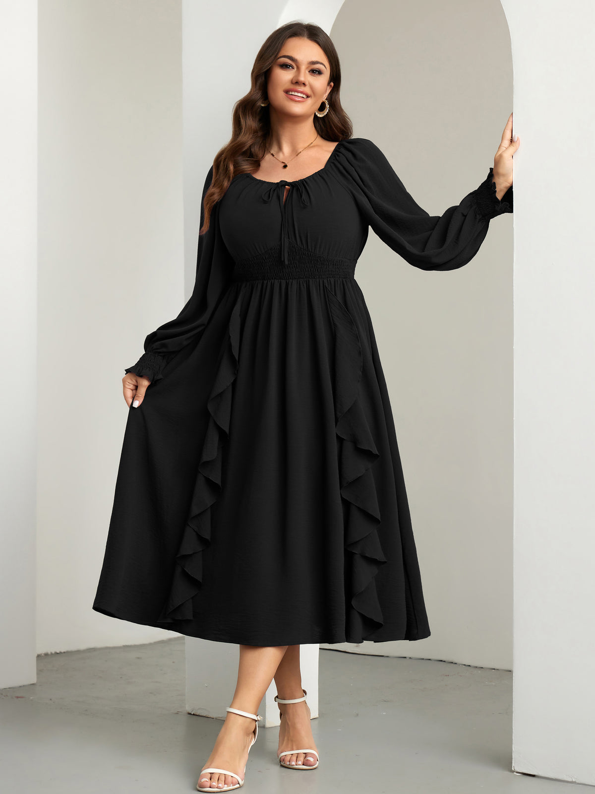 RWJ 6908 Black long-sleeve A-line maxi dress