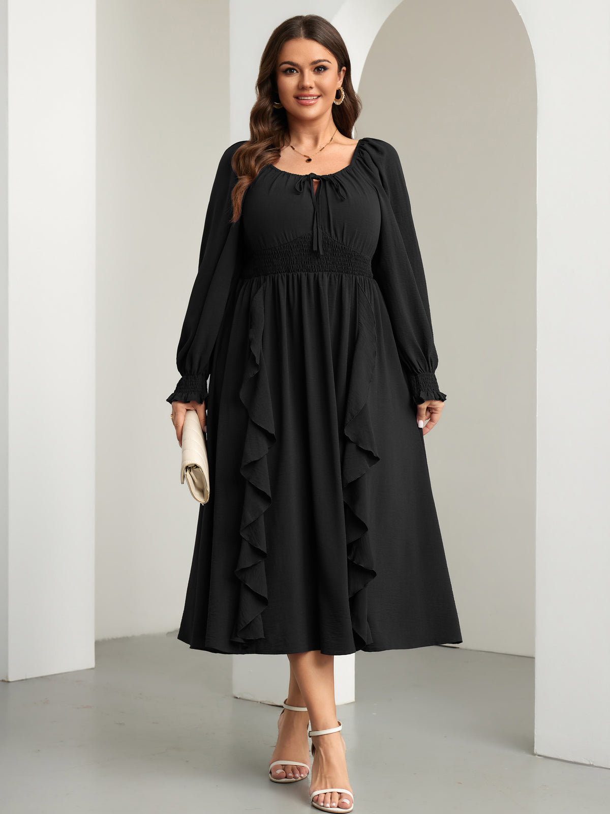 Plus Size Long-Sleeve A-Line Maxi Dress — Black