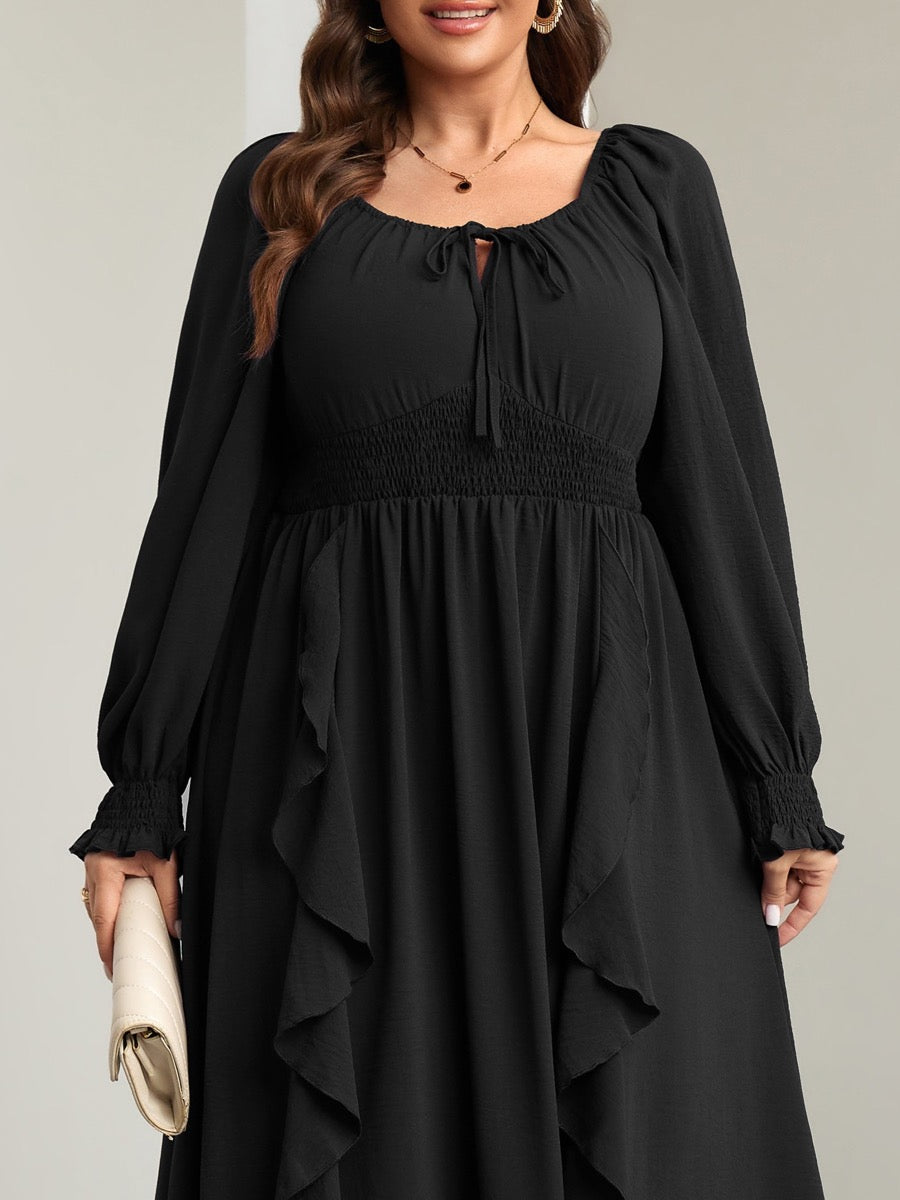 Plus Size Long-Sleeve A-Line Maxi Dress — Black close-up detail