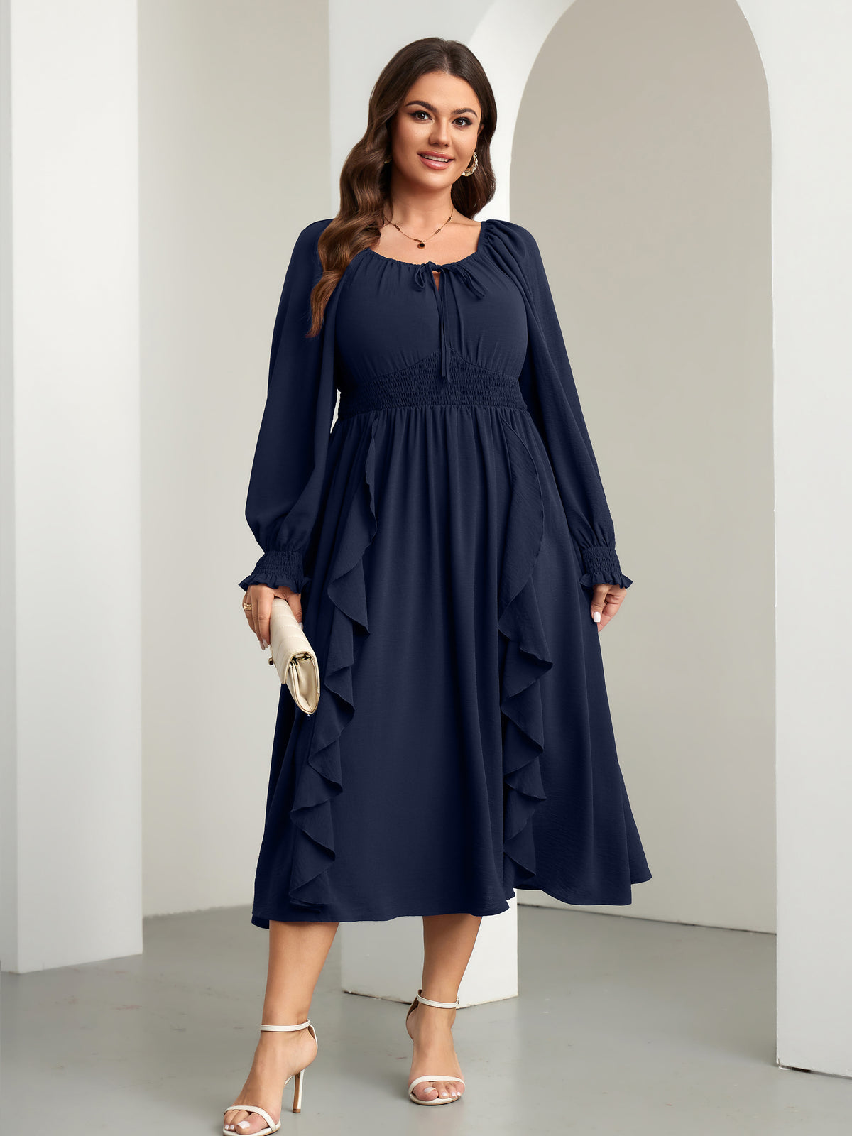 RWJ 6908 Navy Blue long-sleeve A-line maxi dress