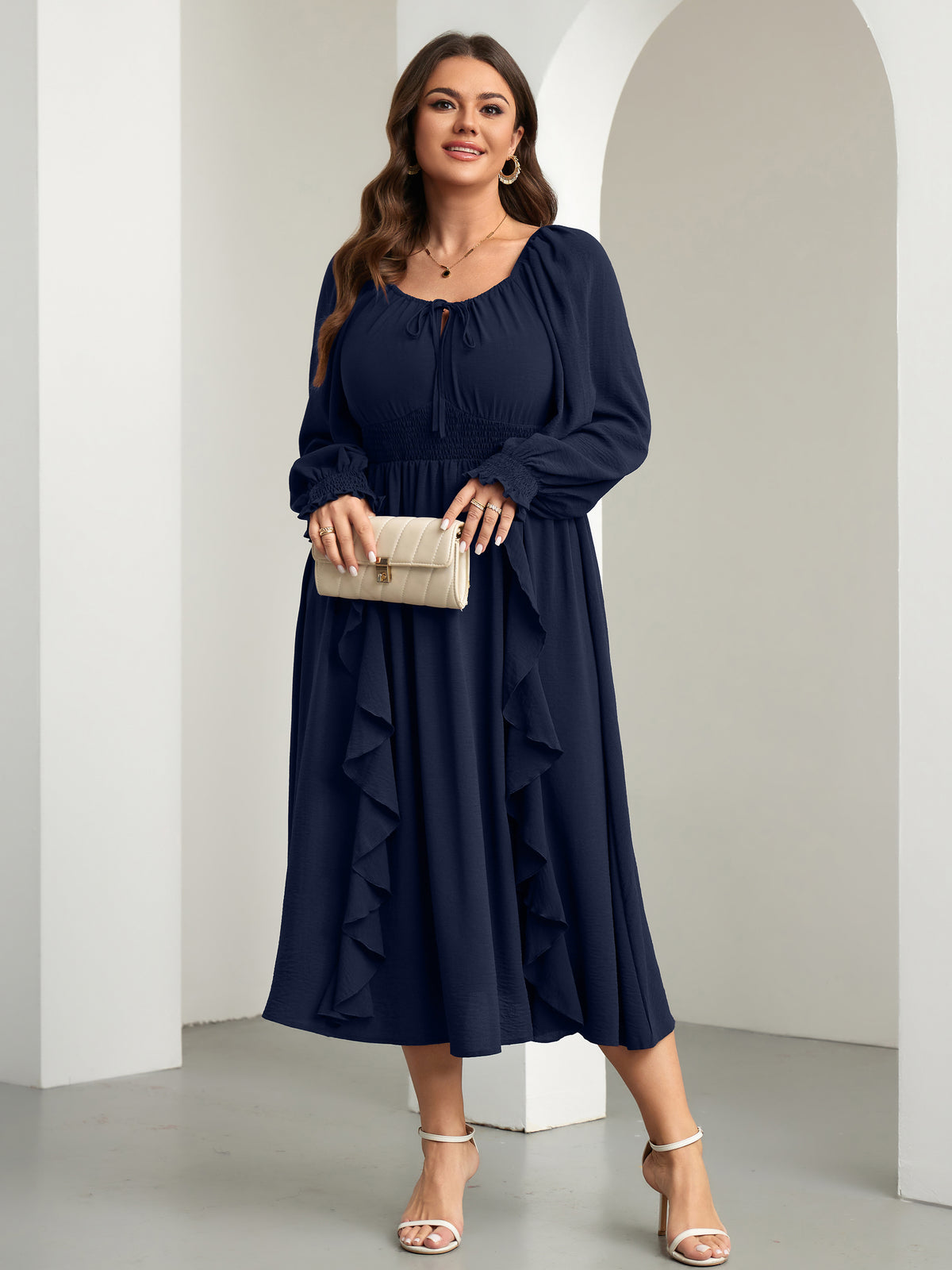RWJ 6908 Navy Blue long-sleeve A-line maxi dress