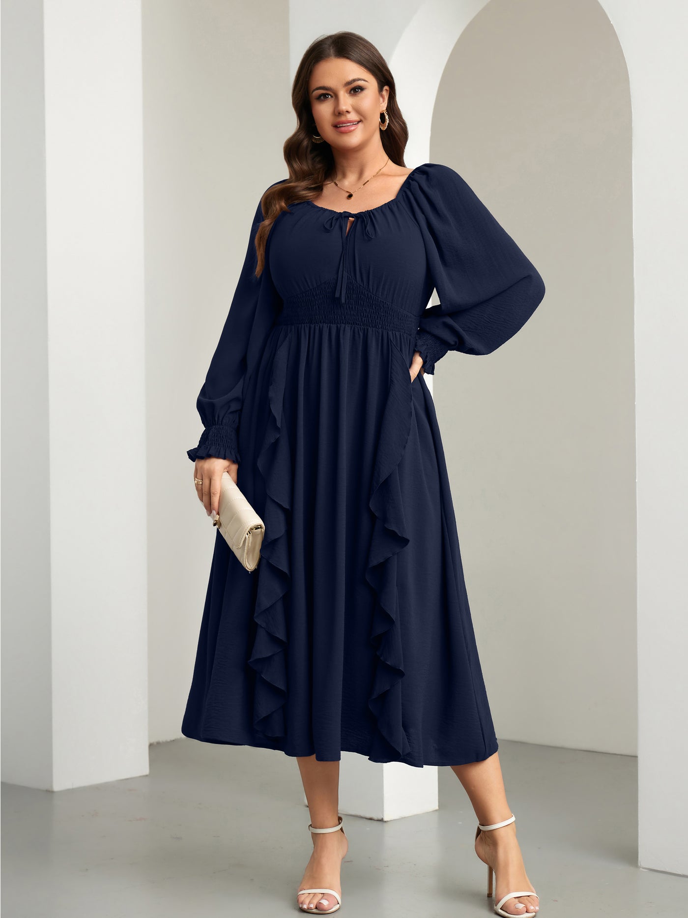 RWJ 6908 Navy Blue long-sleeve A-line maxi dress