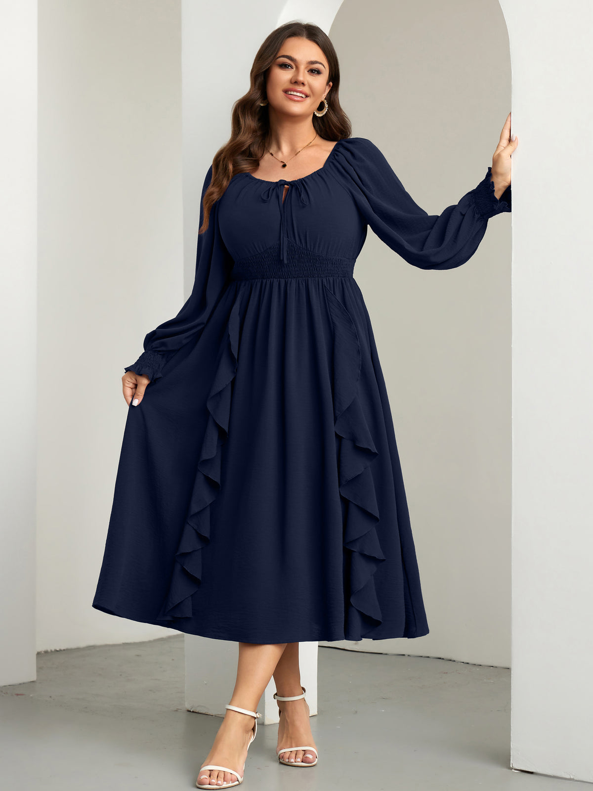 RWJ 6908 Navy Blue long-sleeve A-line maxi dress