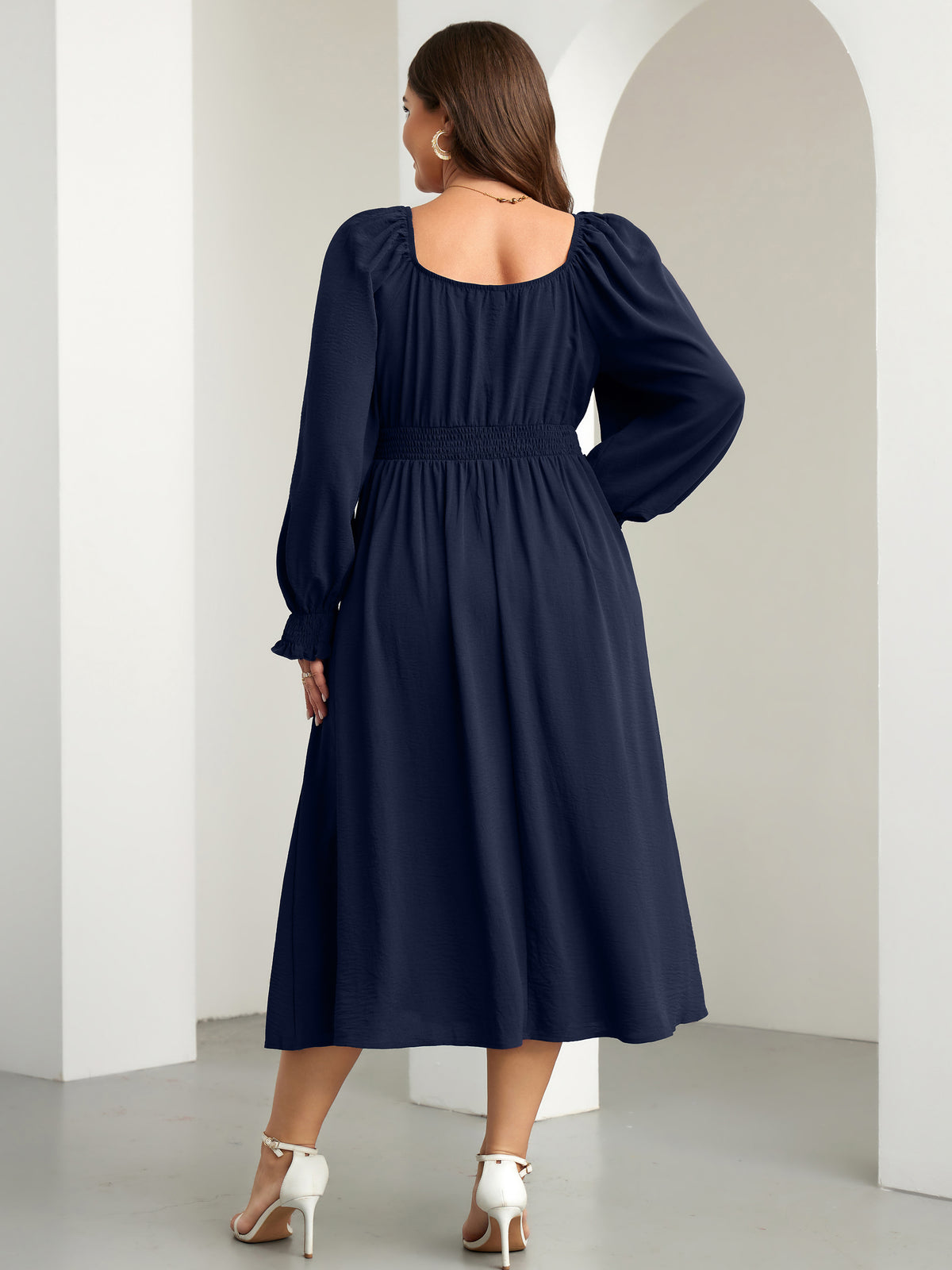 RWJ 6908 Navy Blue long-sleeve A-line maxi dress
