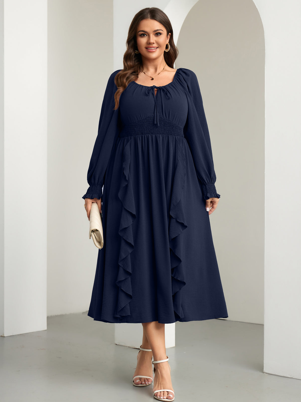 Plus Size Long-Sleeve A-Line Maxi Dress — Navy Blue