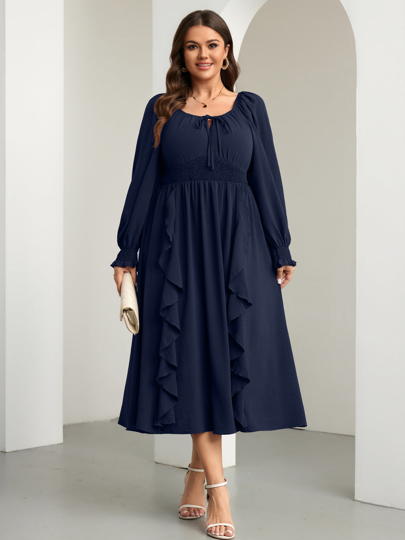 Plus Size Long-Sleeve A-Line Maxi Dress — Navy Blue