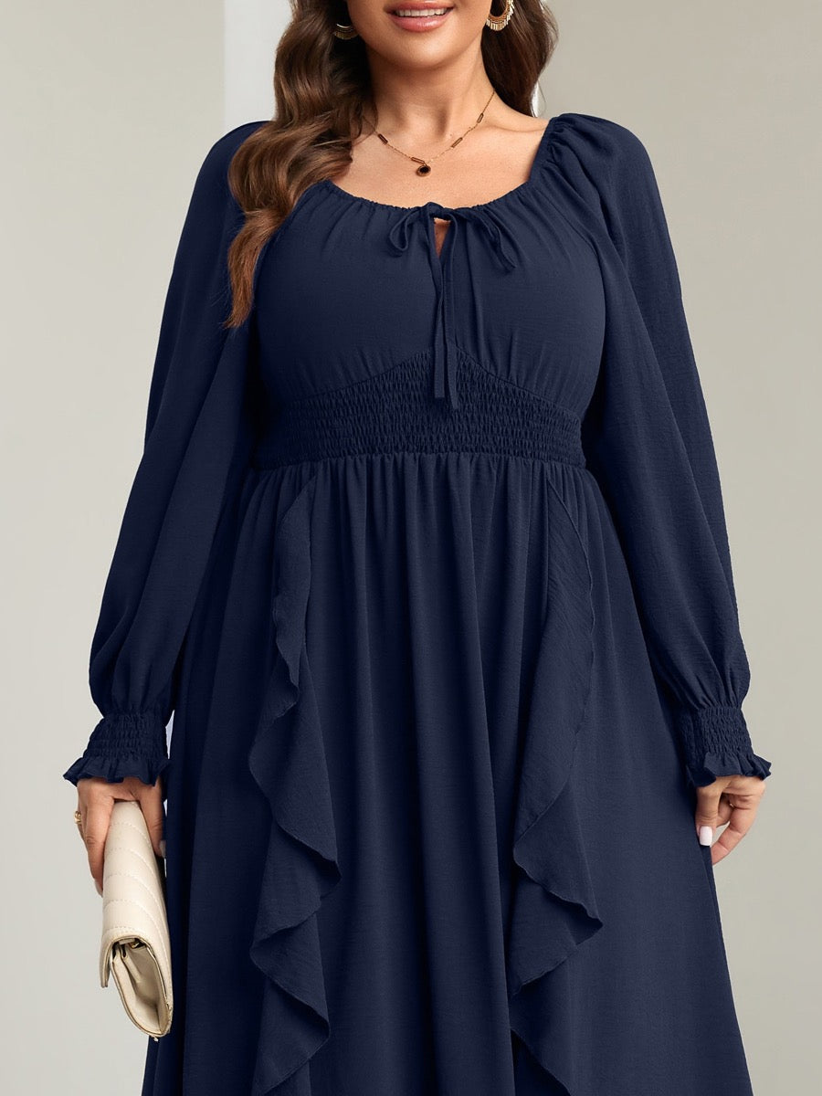 Plus Size Long-Sleeve A-Line Maxi Dress — Navy Blue close-up detail