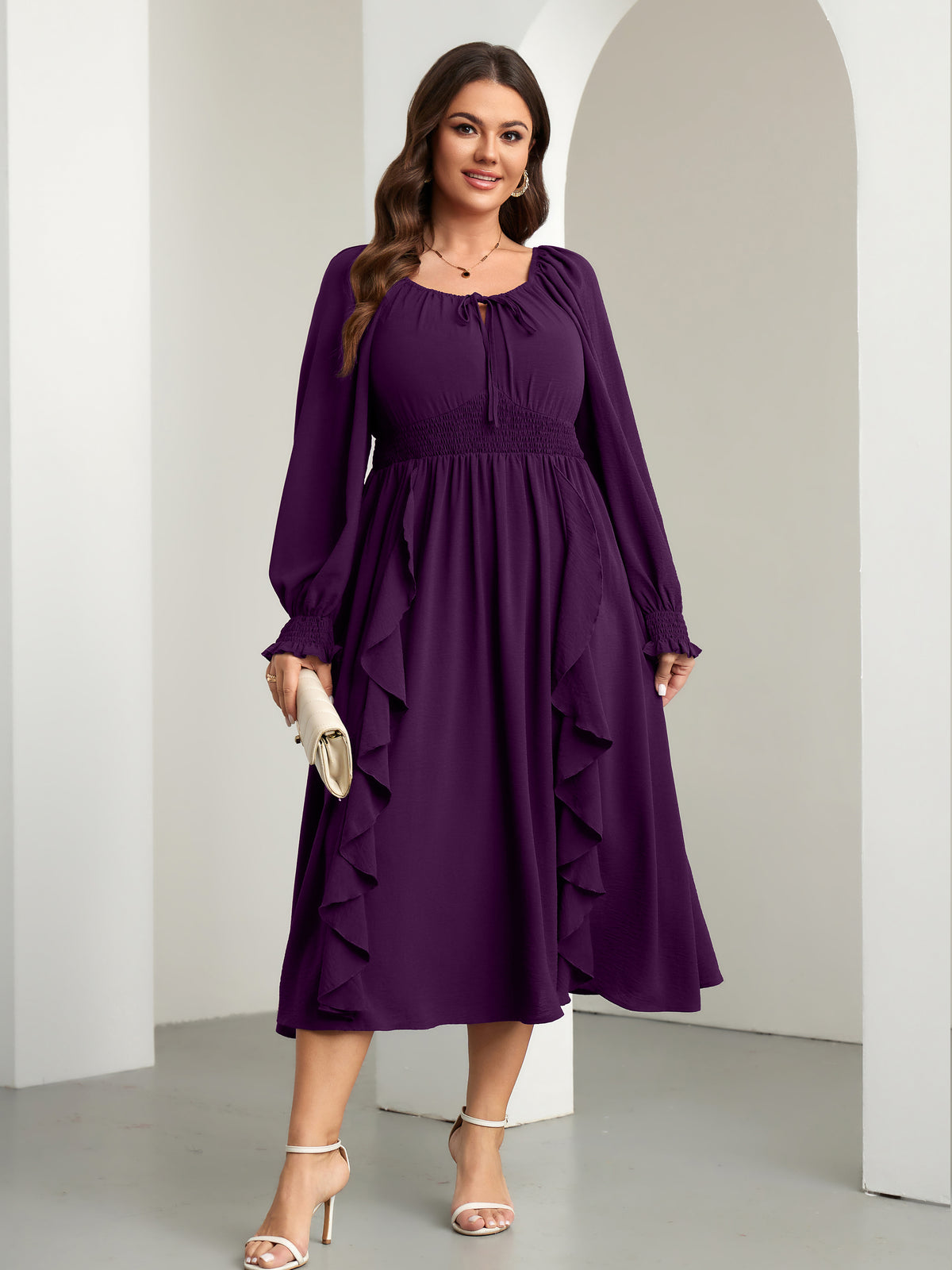 RWJ 6908 Purple long-sleeve A-line maxi dress