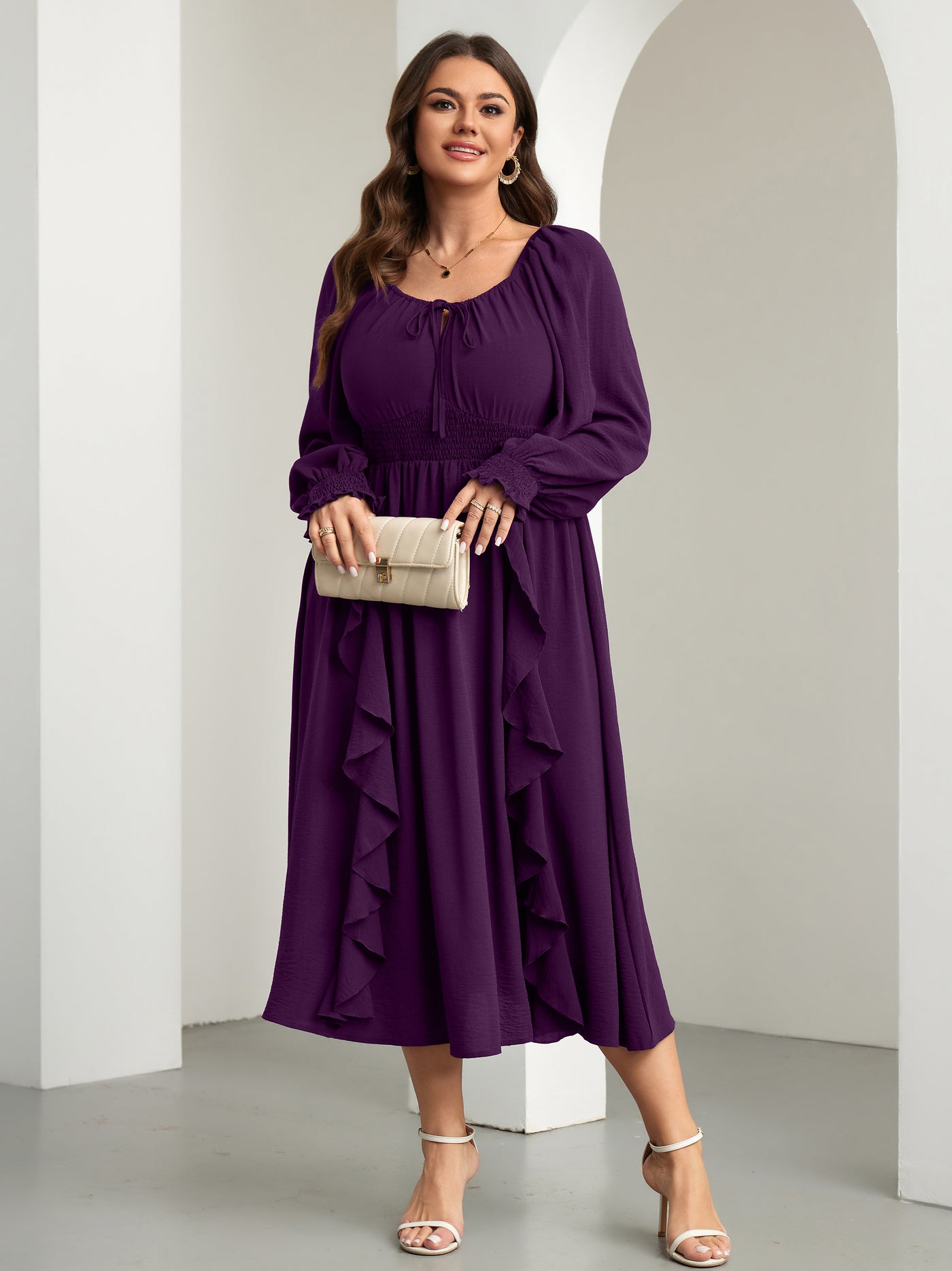 RWJ 6908 Purple long-sleeve A-line maxi dress