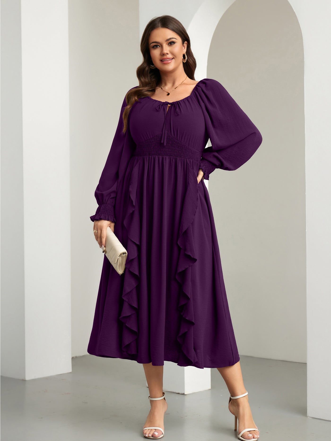 RWJ 6908 Purple long-sleeve A-line maxi dress