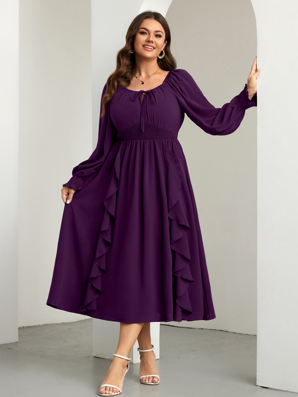 RWJ 6908 Purple long-sleeve A-line maxi dress